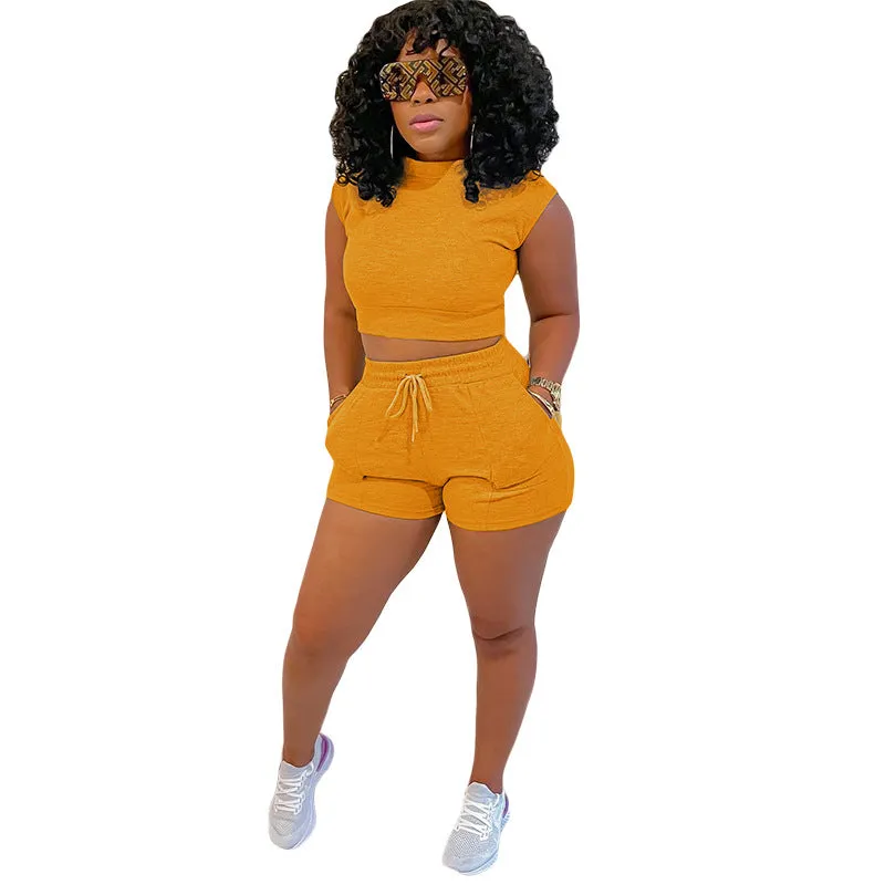 Waffle Short Sleeves Crewneck Top and Drawstring Pocket Shorts