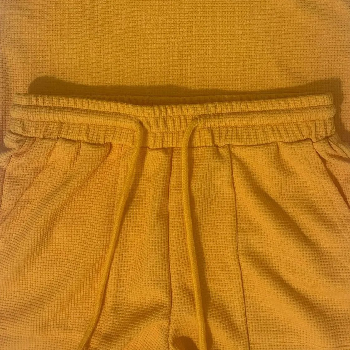 Waffle Short Sleeves Crewneck Top and Drawstring Pocket Shorts
