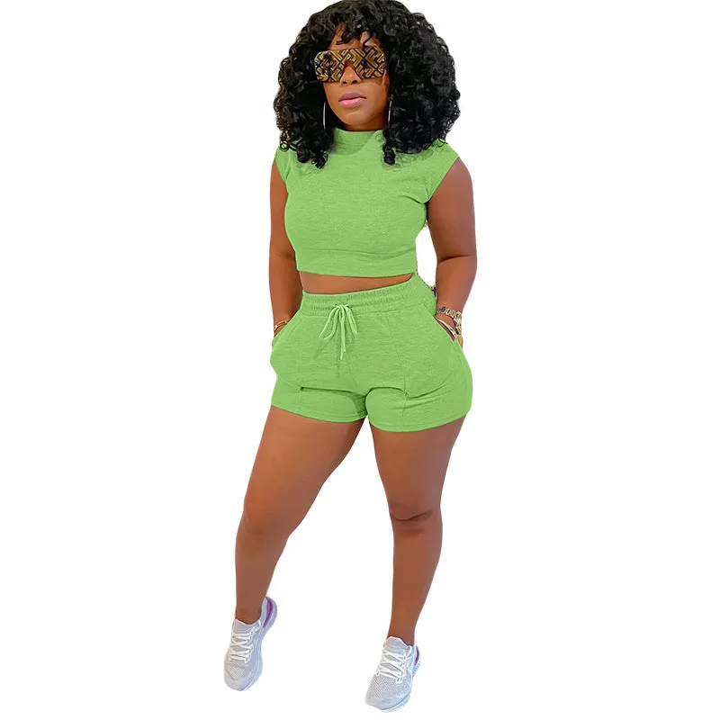 Waffle Short Sleeves Crewneck Top and Drawstring Pocket Shorts
