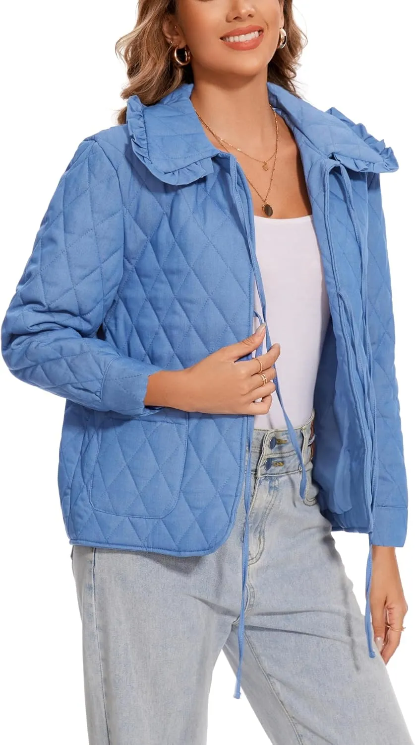 Wanzetaly Womens Casual Lightweight Quilted Jacket Bow Tie Front Outerwear Winter Padded Coat with Pockets