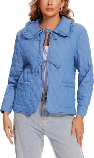 Wanzetaly Womens Casual Lightweight Quilted Jacket Bow Tie Front Outerwear Winter Padded Coat with Pockets