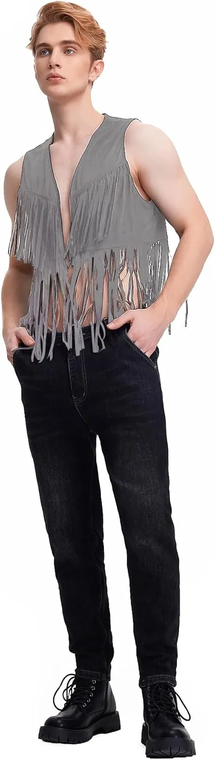 WDIRARA Men's Open Front Sleeveless Fringe Hem Party Club Jacket Vest Outerwear