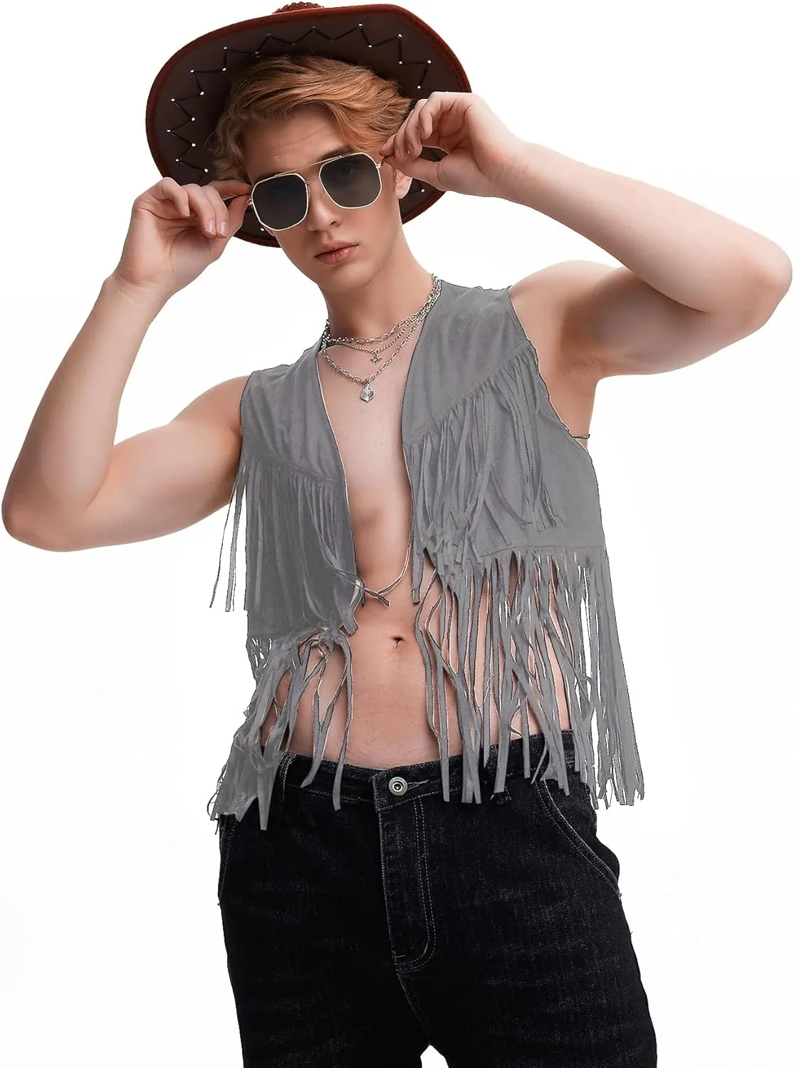 WDIRARA Men's Open Front Sleeveless Fringe Hem Party Club Jacket Vest Outerwear