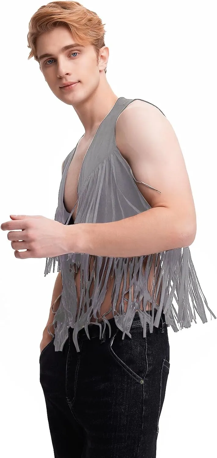 WDIRARA Men's Open Front Sleeveless Fringe Hem Party Club Jacket Vest Outerwear