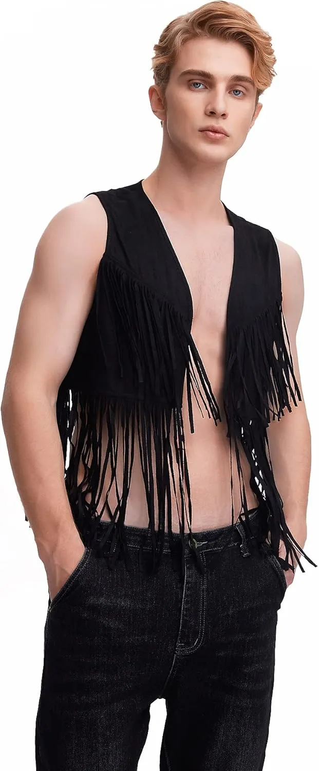 WDIRARA Men's Open Front Sleeveless Fringe Hem Party Club Jacket Vest Outerwear