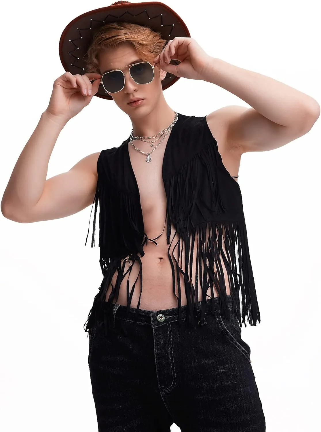 WDIRARA Men's Open Front Sleeveless Fringe Hem Party Club Jacket Vest Outerwear