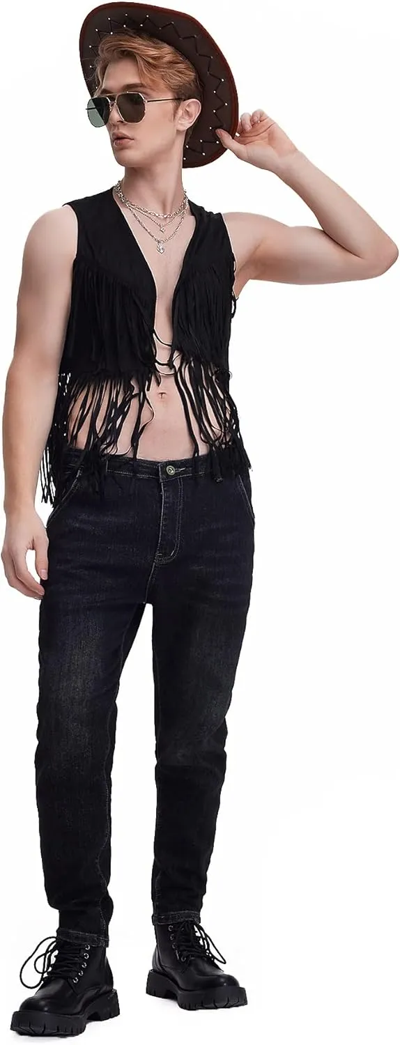WDIRARA Men's Open Front Sleeveless Fringe Hem Party Club Jacket Vest Outerwear
