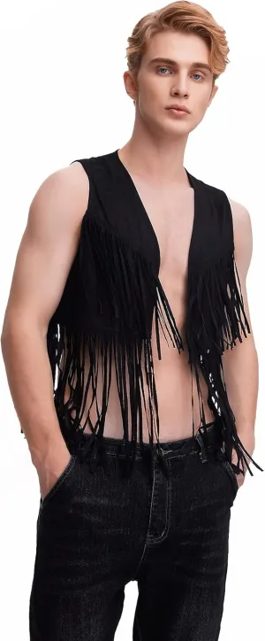 WDIRARA Men's Open Front Sleeveless Fringe Hem Party Club Jacket Vest Outerwear