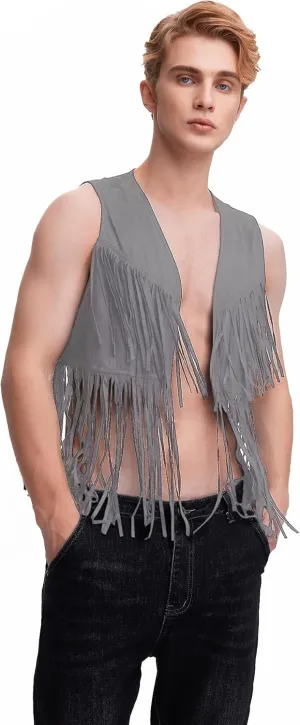 WDIRARA Men's Open Front Sleeveless Fringe Hem Party Club Jacket Vest Outerwear