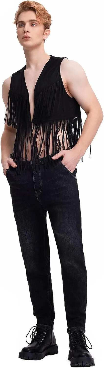 WDIRARA Men's Open Front Sleeveless Fringe Hem Party Club Jacket Vest Outerwear