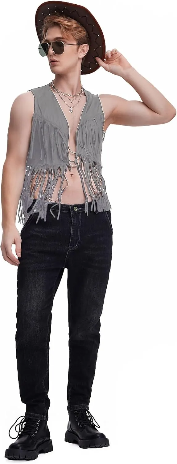 WDIRARA Men's Open Front Sleeveless Fringe Hem Party Club Jacket Vest Outerwear