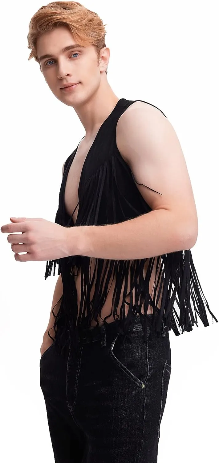 WDIRARA Men's Open Front Sleeveless Fringe Hem Party Club Jacket Vest Outerwear
