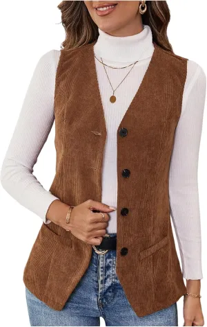 WDIRARA Women's Button Down Corduroy Vest V Neck Sleeveless Tank Tops Vintage Outerwear