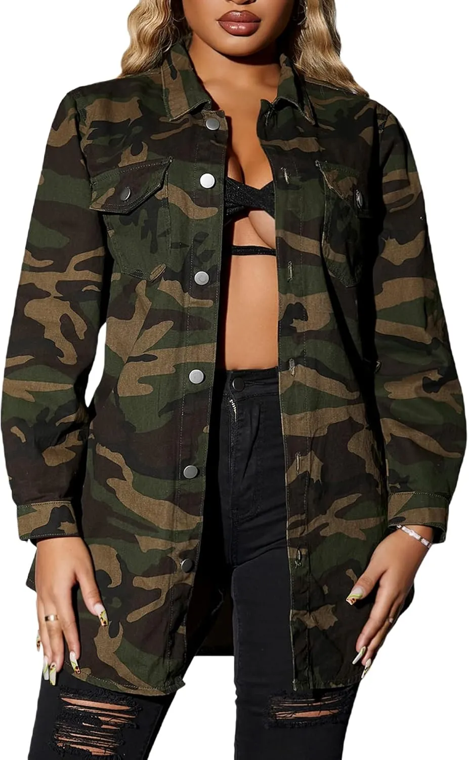 WDIRARA Women's Camo Print Button Front Long Sleeve Denim Jacket Pocket Outerwear