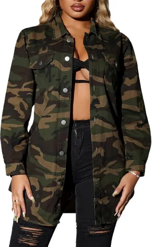 WDIRARA Women's Camo Print Button Front Long Sleeve Denim Jacket Pocket Outerwear