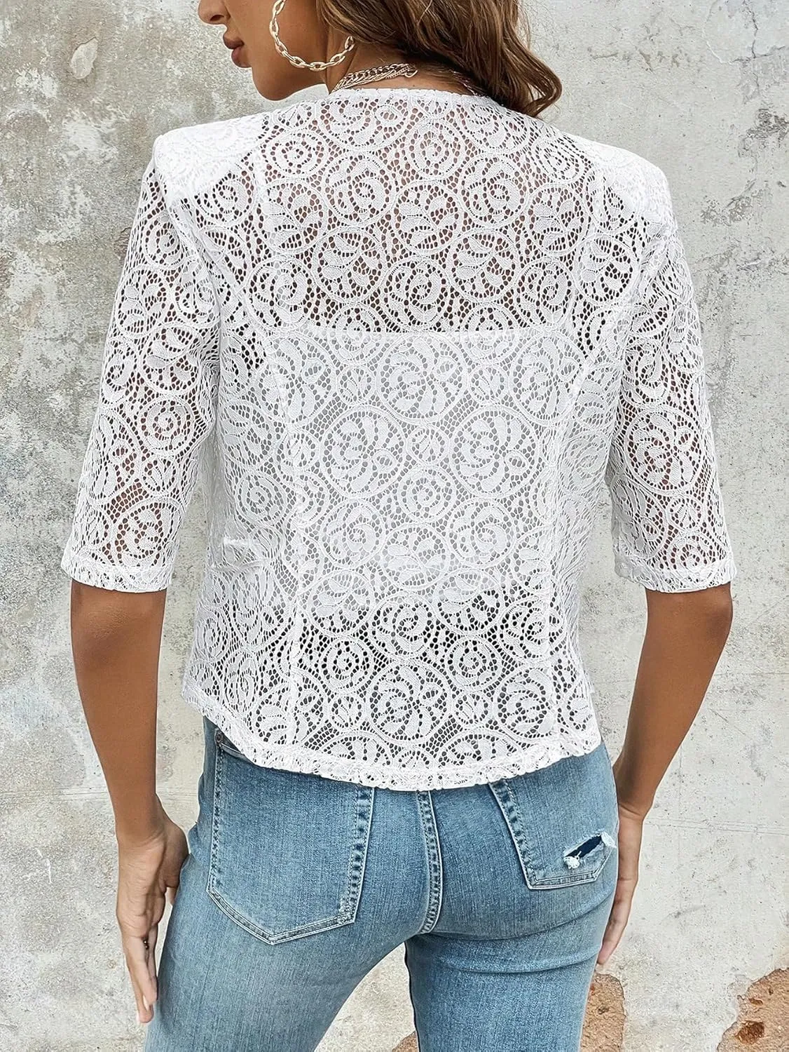 WDIRARA Women's Floral Lace Open Front Half Sleeve Mesh Blazer Elegant Jacket Outerwear