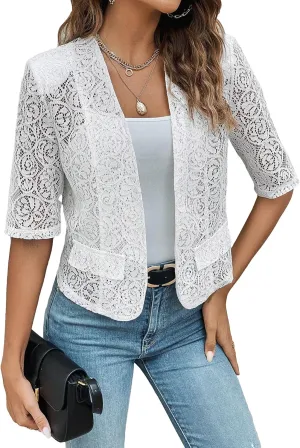 WDIRARA Women's Floral Lace Open Front Half Sleeve Mesh Blazer Elegant Jacket Outerwear