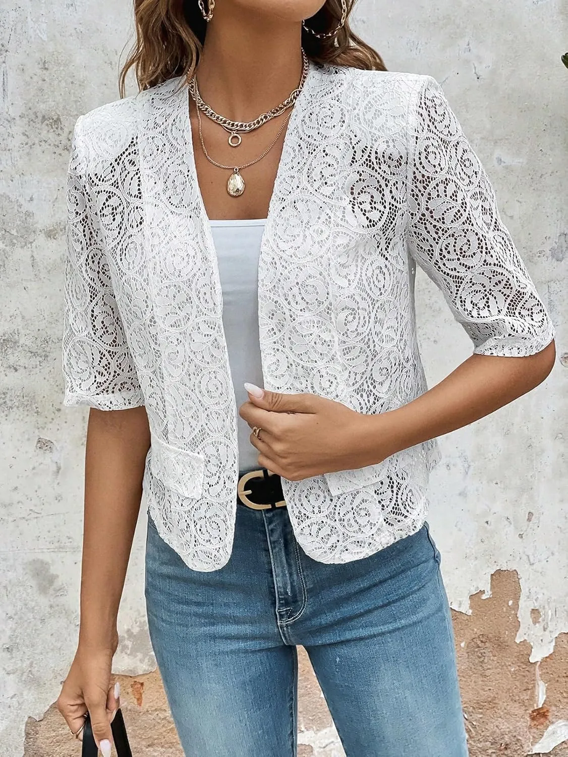 WDIRARA Women's Floral Lace Open Front Half Sleeve Mesh Blazer Elegant Jacket Outerwear