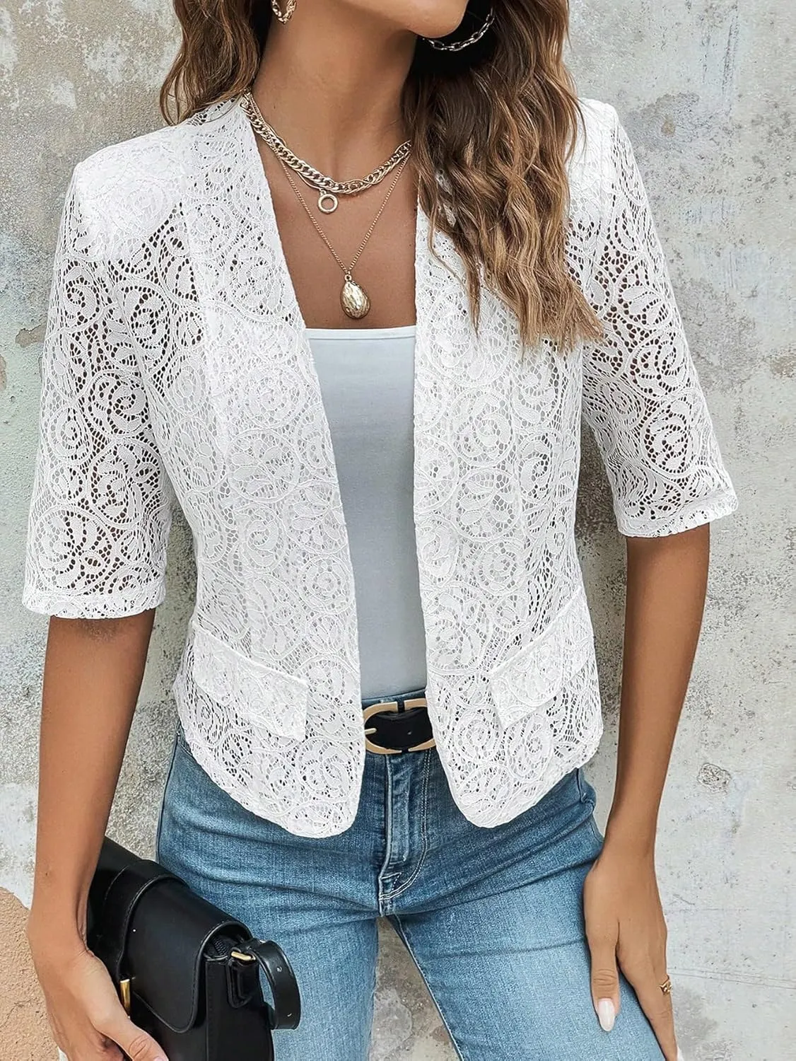 WDIRARA Women's Floral Lace Open Front Half Sleeve Mesh Blazer Elegant Jacket Outerwear