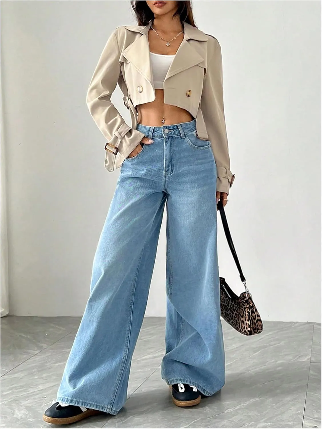 WDIRARA Women's Long Sleeve Cropped Trench Coat Lapel Collar Belted Jacket Lightweight Outerwear