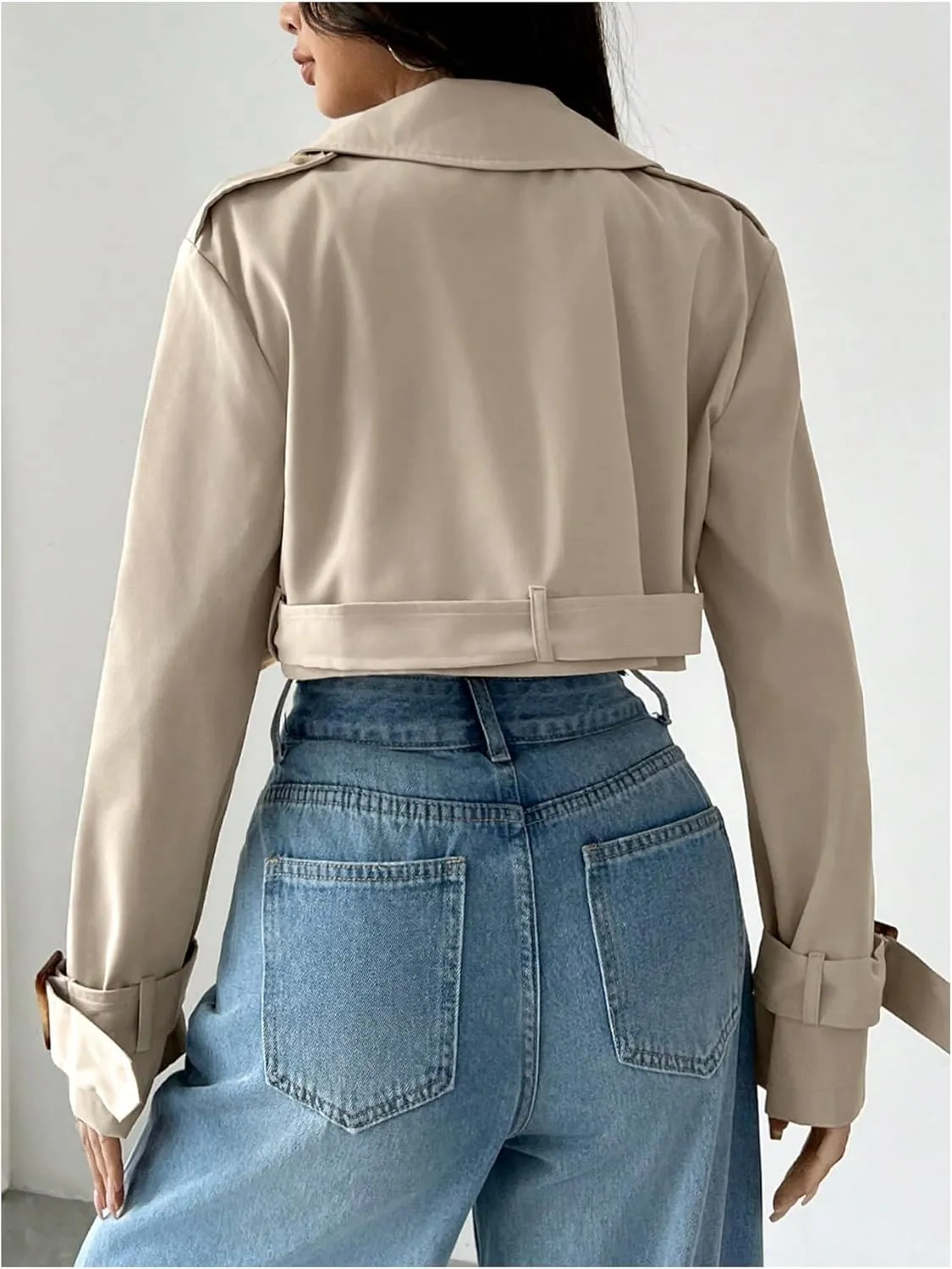 WDIRARA Women's Long Sleeve Cropped Trench Coat Lapel Collar Belted Jacket Lightweight Outerwear