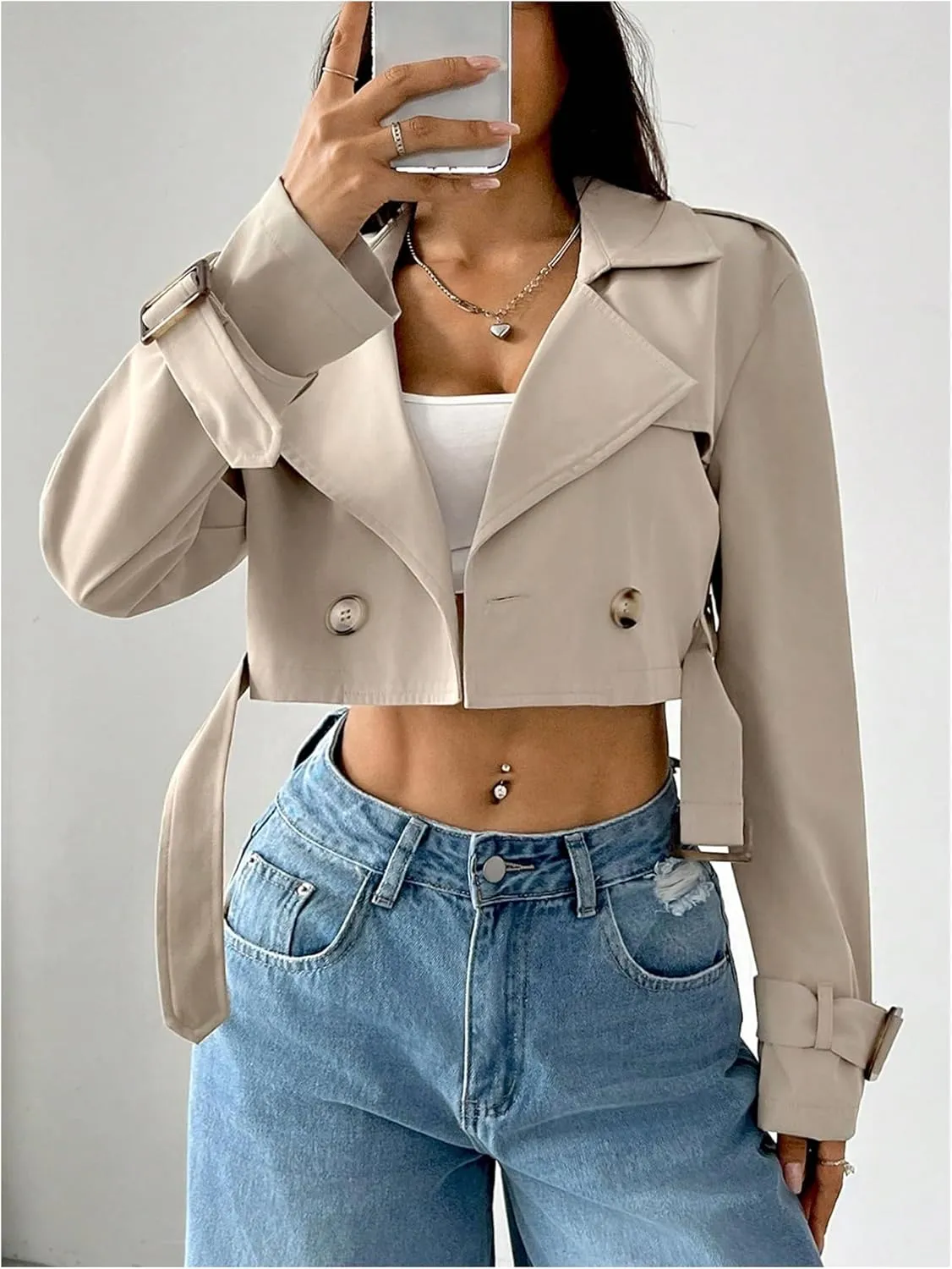 WDIRARA Women's Long Sleeve Cropped Trench Coat Lapel Collar Belted Jacket Lightweight Outerwear