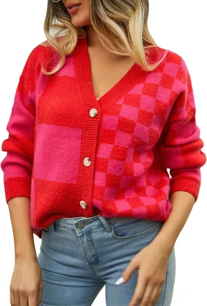 WDIRARA Women's Plaid Printed V Neck Button Front Long Sleeve Drop Shoulder Casual Cardigan Sweaters