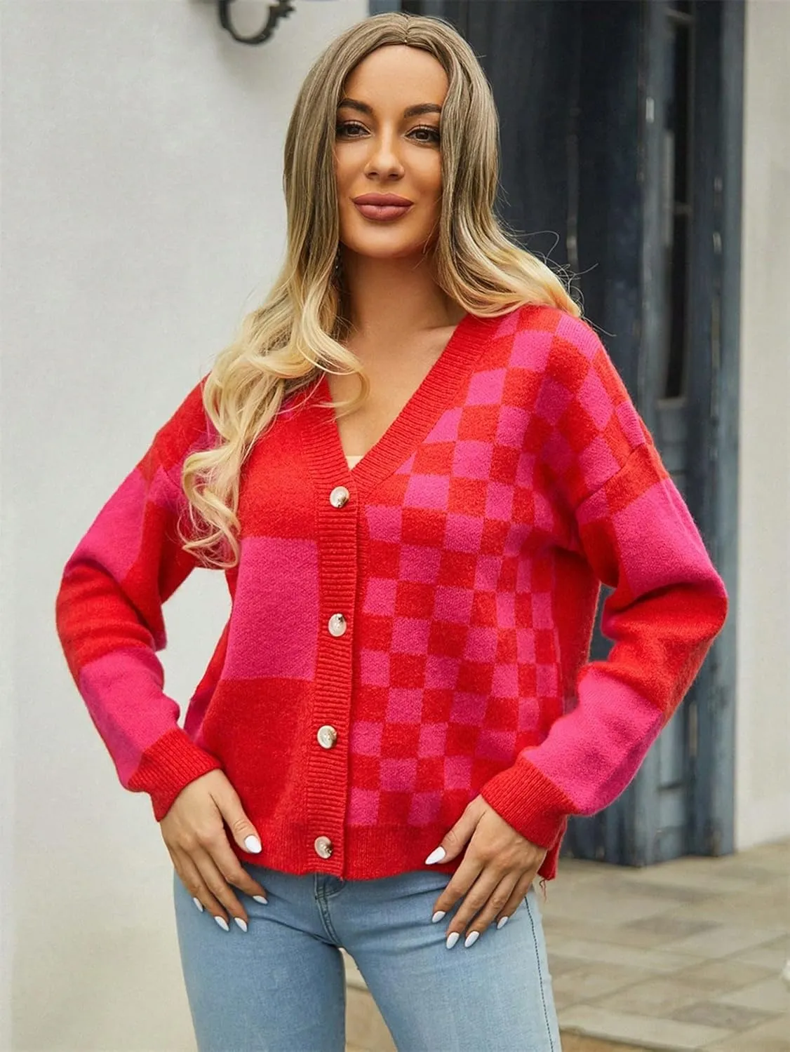WDIRARA Women's Plaid Printed V Neck Button Front Long Sleeve Drop Shoulder Casual Cardigan Sweaters
