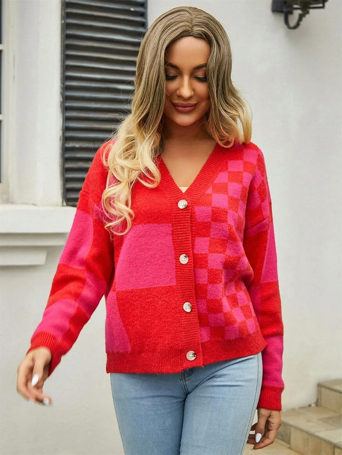 WDIRARA Women's Plaid Printed V Neck Button Front Long Sleeve Drop Shoulder Casual Cardigan Sweaters