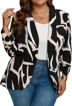 WDIRARA Women's Plus Size Graphic Print Button Front Long Sleeve Blazer Outerwear