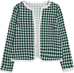 WDIRARA Women's Plus Size Houndstooth Open Front Long Sleeve Jacket Outerwear