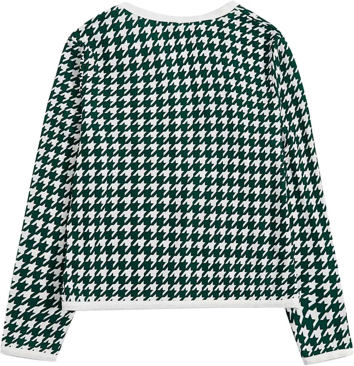 WDIRARA Women's Plus Size Houndstooth Open Front Long Sleeve Jacket Outerwear