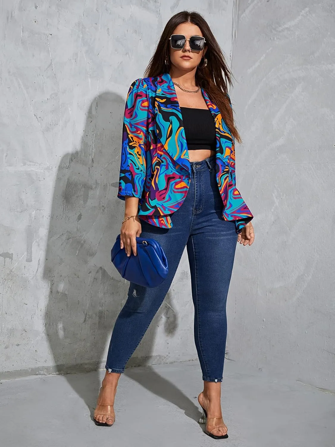 WDIRARA Women's Printed Open Front 3/4 Sleeve Blazer Ruffle Jacket Outerwear