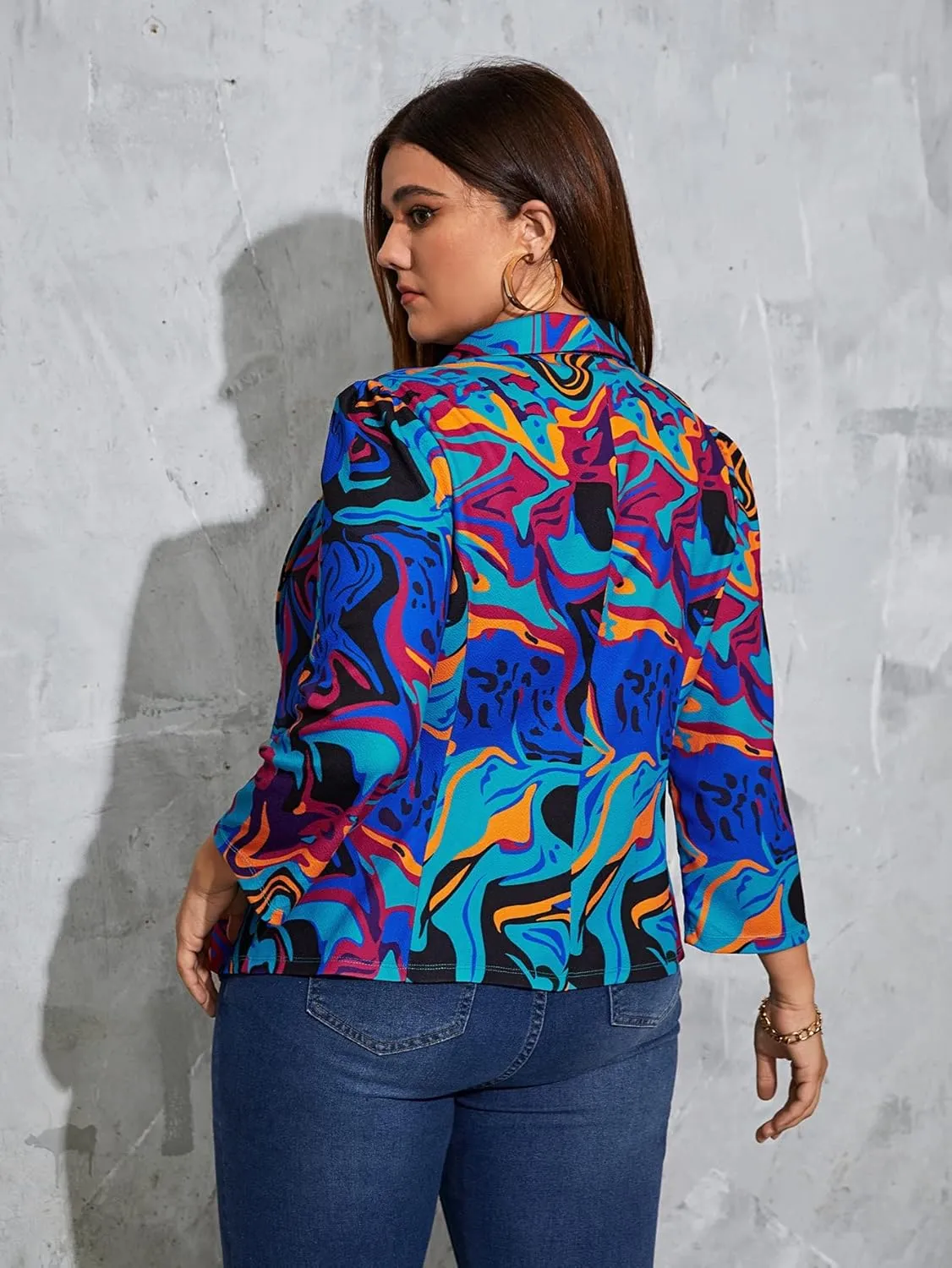 WDIRARA Women's Printed Open Front 3/4 Sleeve Blazer Ruffle Jacket Outerwear