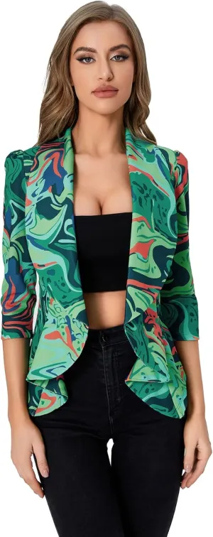 WDIRARA Women's Printed Open Front 3/4 Sleeve Blazer Ruffle Jacket Outerwear