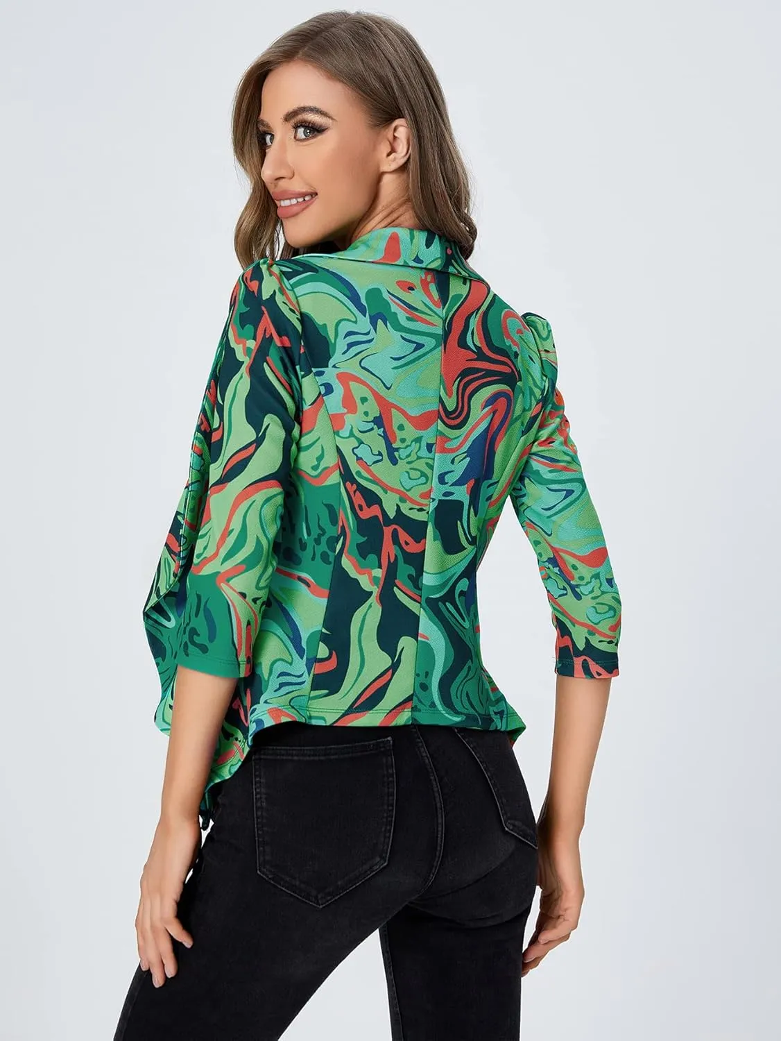 WDIRARA Women's Printed Open Front 3/4 Sleeve Blazer Ruffle Jacket Outerwear
