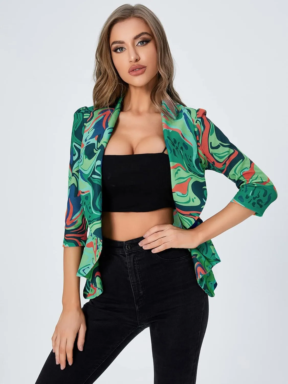 WDIRARA Women's Printed Open Front 3/4 Sleeve Blazer Ruffle Jacket Outerwear
