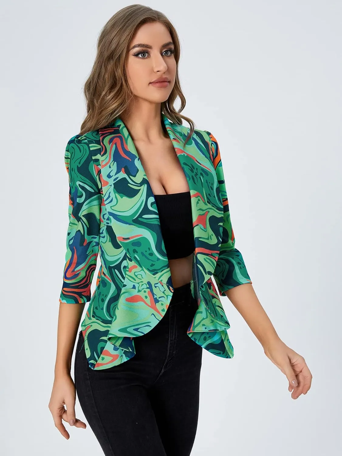 WDIRARA Women's Printed Open Front 3/4 Sleeve Blazer Ruffle Jacket Outerwear