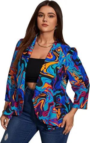 WDIRARA Women's Printed Open Front 3/4 Sleeve Blazer Ruffle Jacket Outerwear