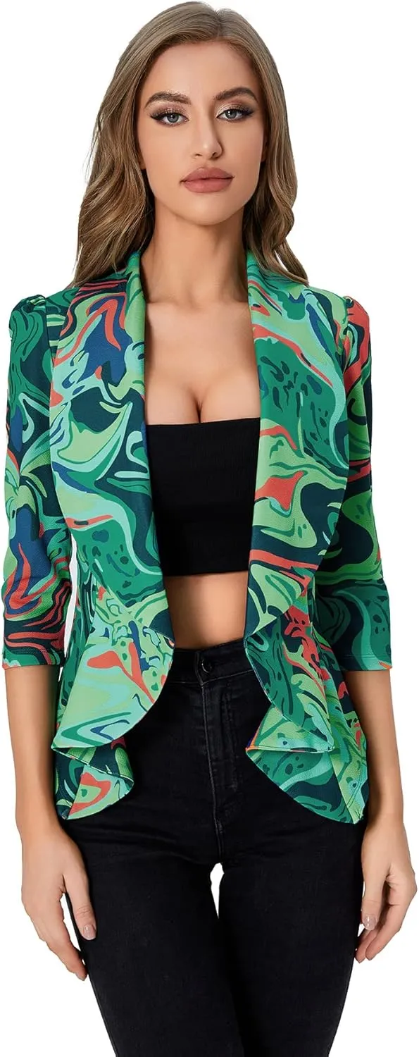 WDIRARA Women's Printed Open Front 3/4 Sleeve Blazer Ruffle Jacket Outerwear