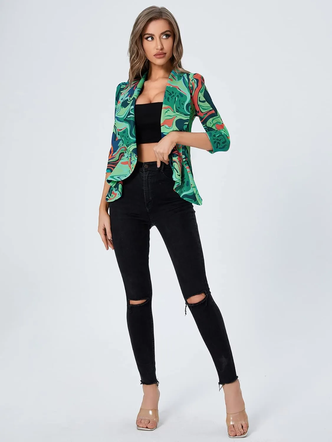WDIRARA Women's Printed Open Front 3/4 Sleeve Blazer Ruffle Jacket Outerwear