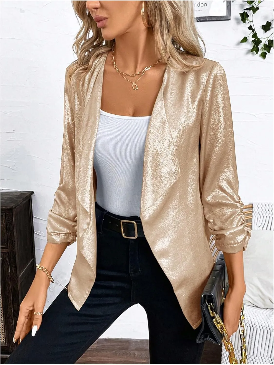 WDIRARA Women's Sequin Glitter Open Front Blazer Casual Long Sleeve Sparkl Jacket Outerwear