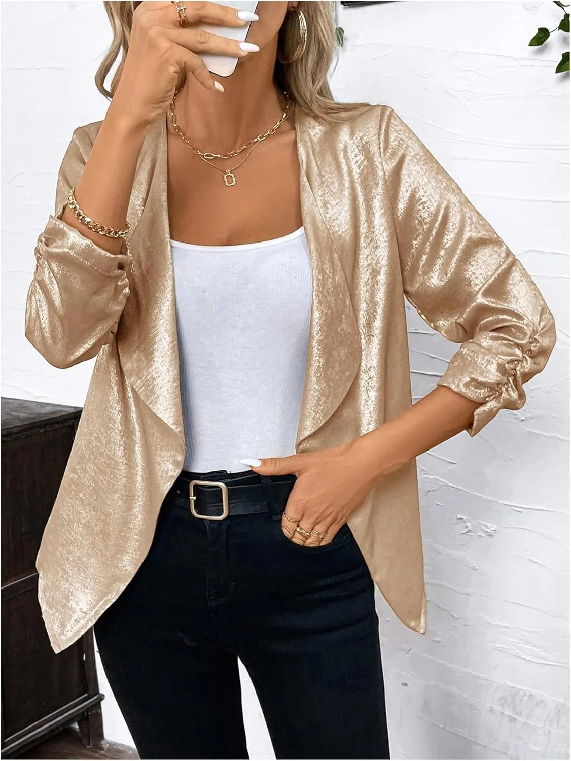 WDIRARA Women's Sequin Glitter Open Front Blazer Casual Long Sleeve Sparkl Jacket Outerwear