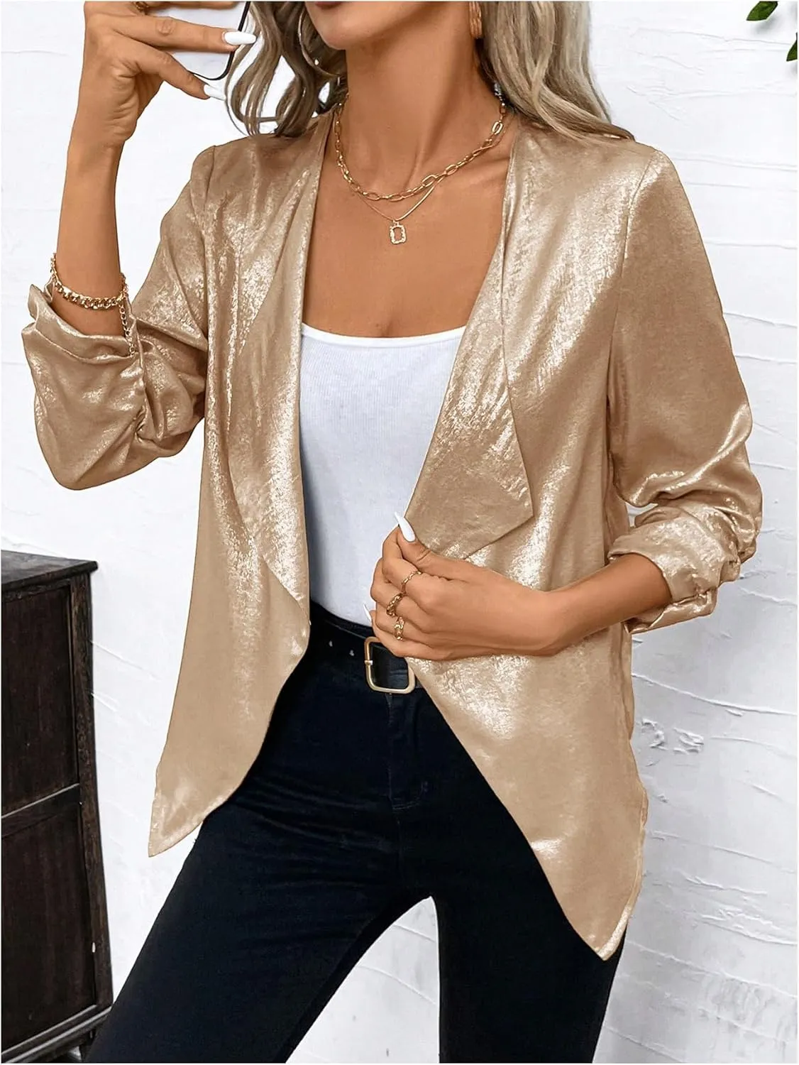 WDIRARA Women's Sequin Glitter Open Front Blazer Casual Long Sleeve Sparkl Jacket Outerwear