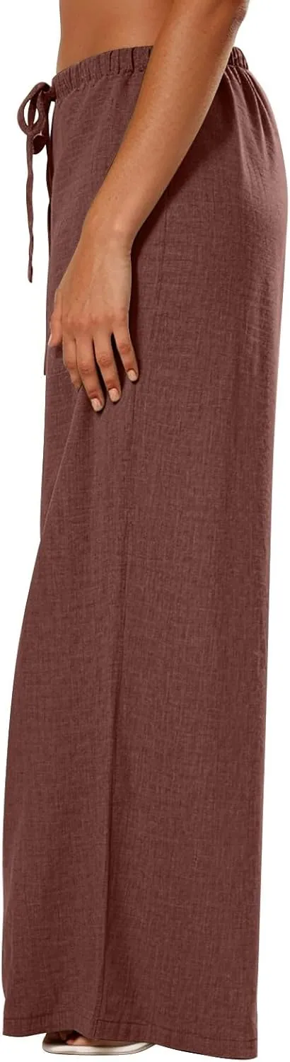 Wide Leg Linen Pants Women Casual Flowy Elastic Waist Work Pants Summer Loose Drawstring Cotton Joggers with Pockets