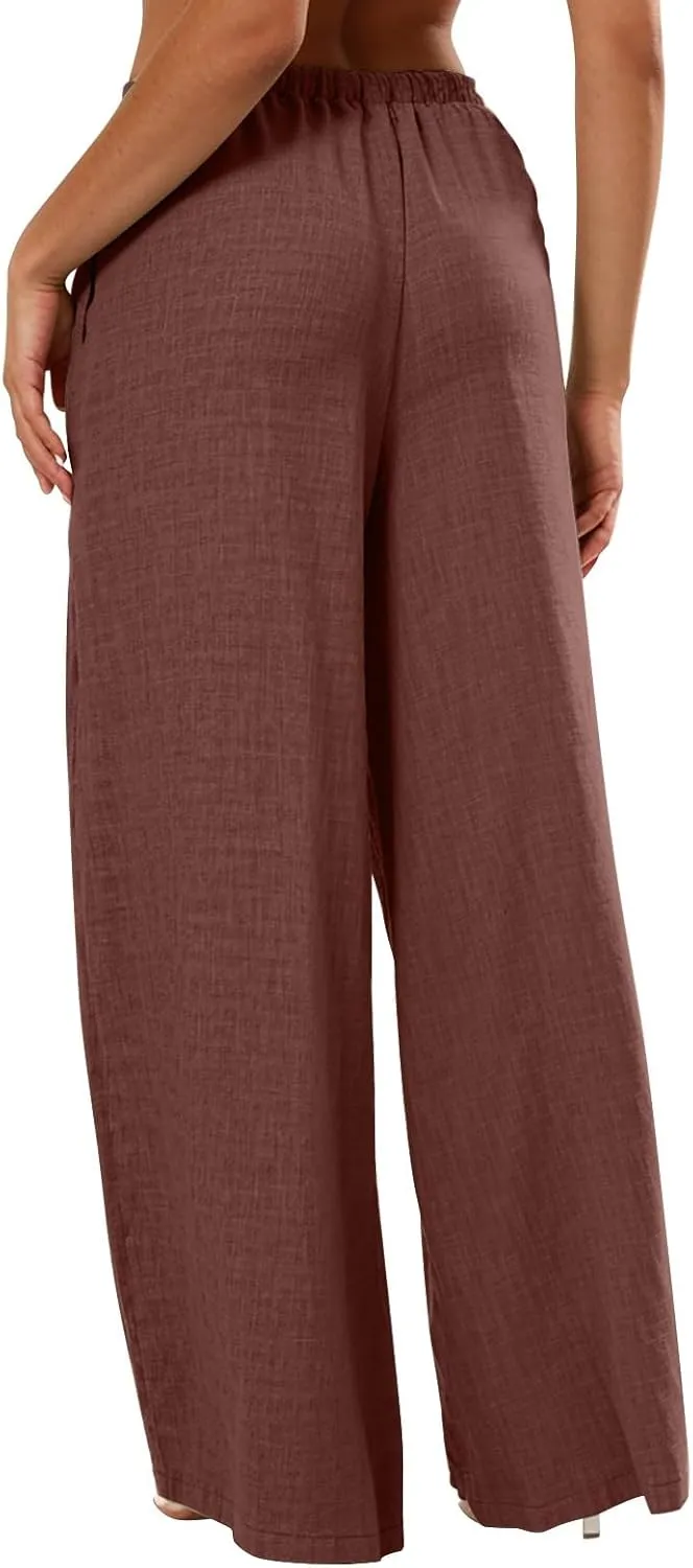 Wide Leg Linen Pants Women Casual Flowy Elastic Waist Work Pants Summer Loose Drawstring Cotton Joggers with Pockets