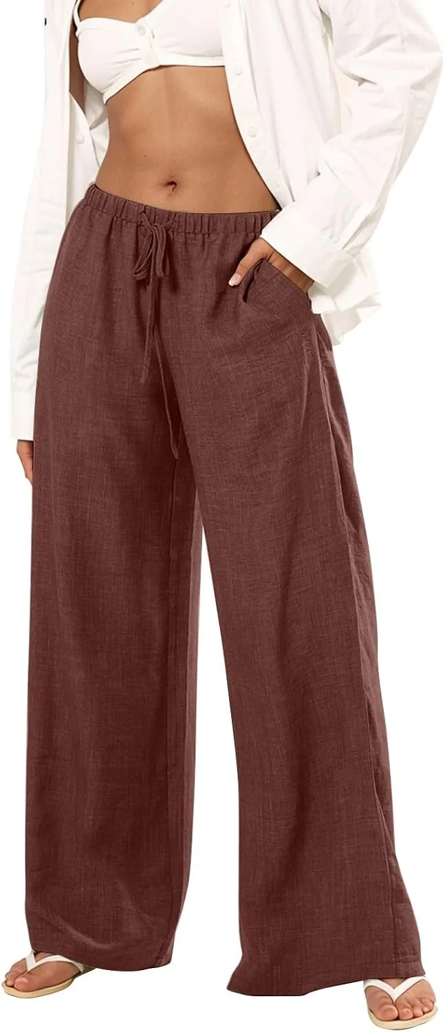 Wide Leg Linen Pants Women Casual Flowy Elastic Waist Work Pants Summer Loose Drawstring Cotton Joggers with Pockets