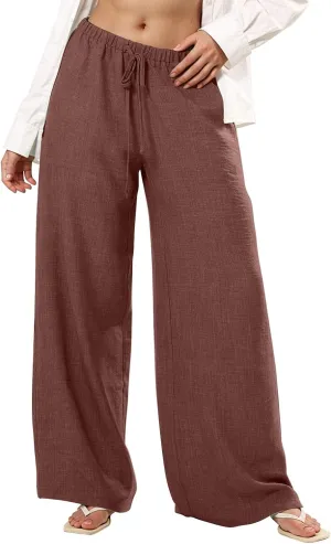 Wide Leg Linen Pants Women Casual Flowy Elastic Waist Work Pants Summer Loose Drawstring Cotton Joggers with Pockets