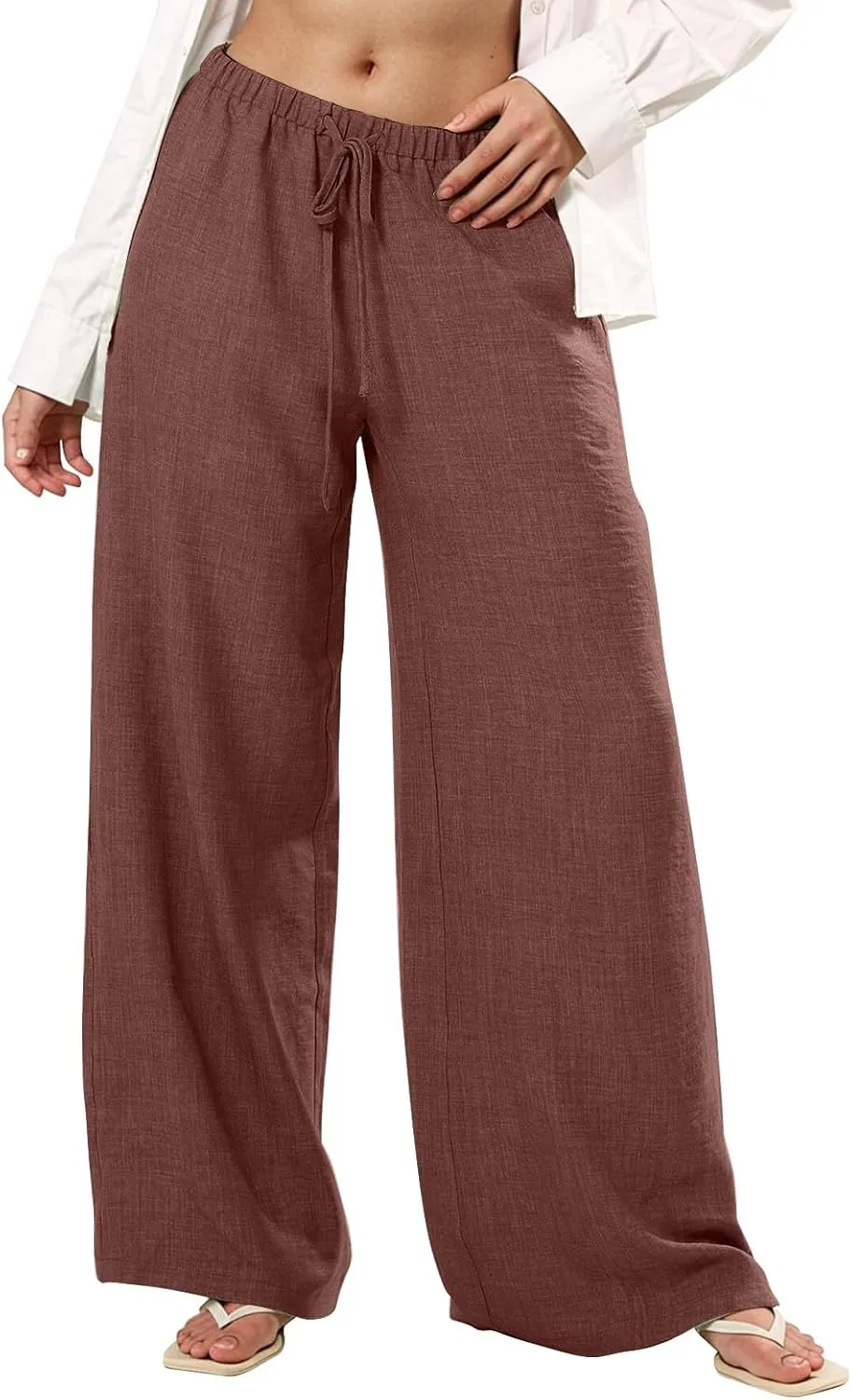 Wide Leg Linen Pants Women Casual Flowy Elastic Waist Work Pants Summer Loose Drawstring Cotton Joggers with Pockets