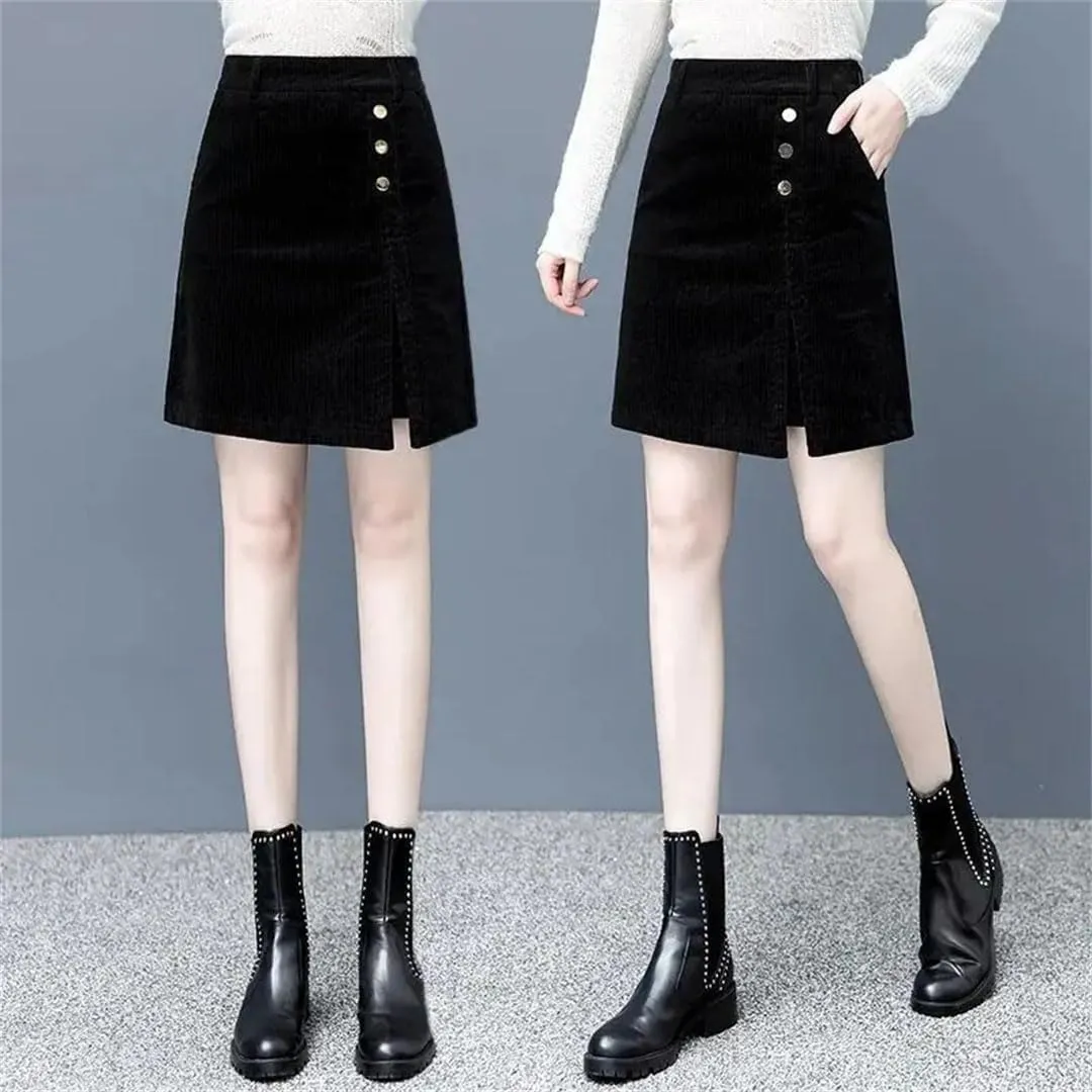 Women Corduroy Midi Skirt Long High Waisted A-Line Skirt Autumn and Winter Trend Versatile Short Skirt
